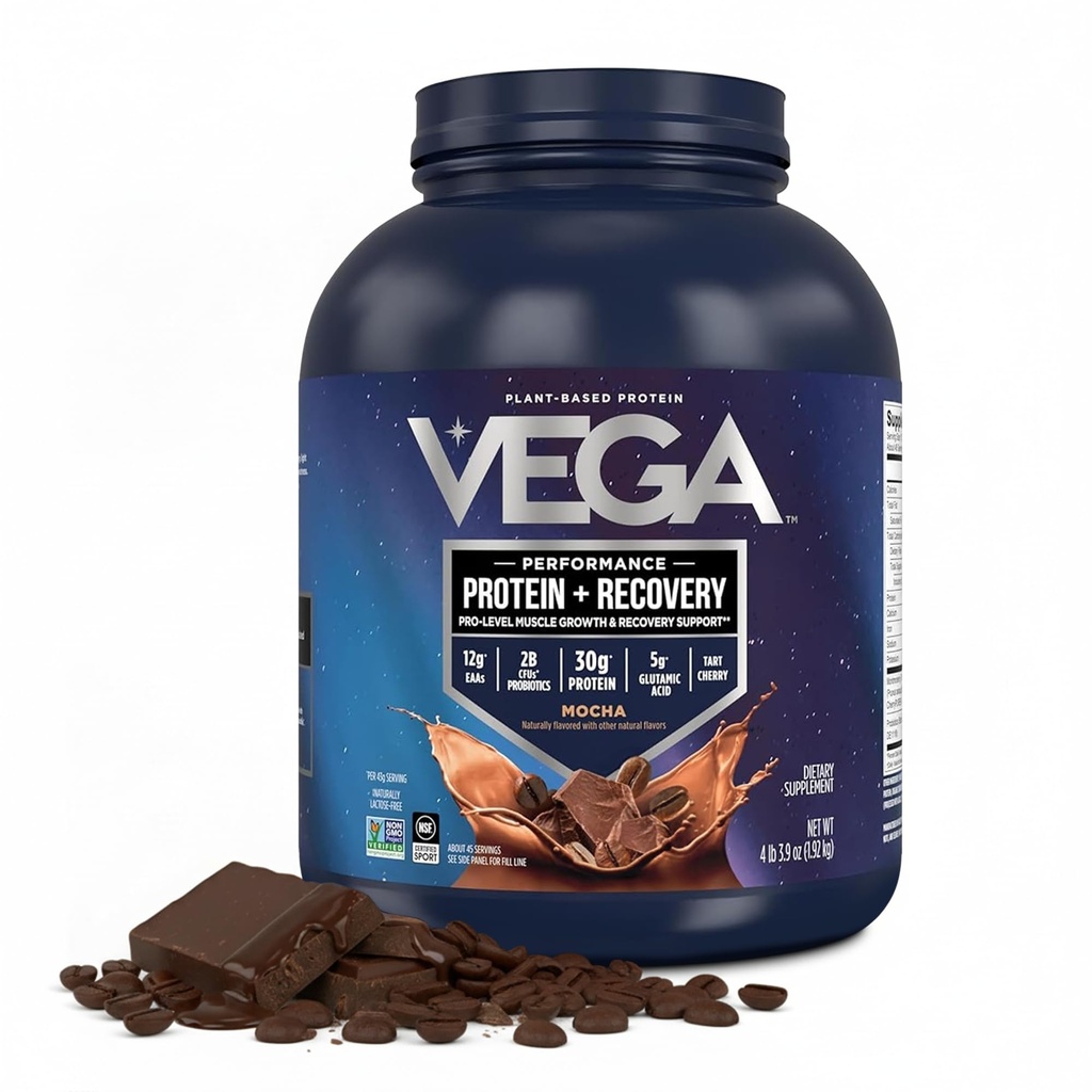 Vega Sport Vegan Protein Powder + Recovery - 30g φυτικής πρωτεΐνης ανά υπηρεσία, Mocha, 45 εξυπηρετήσεις, 5g BCAAs, Probiotics, NSF Certified, for Shakes & Smoothies, 4.2lbs (Packaging May Vary)