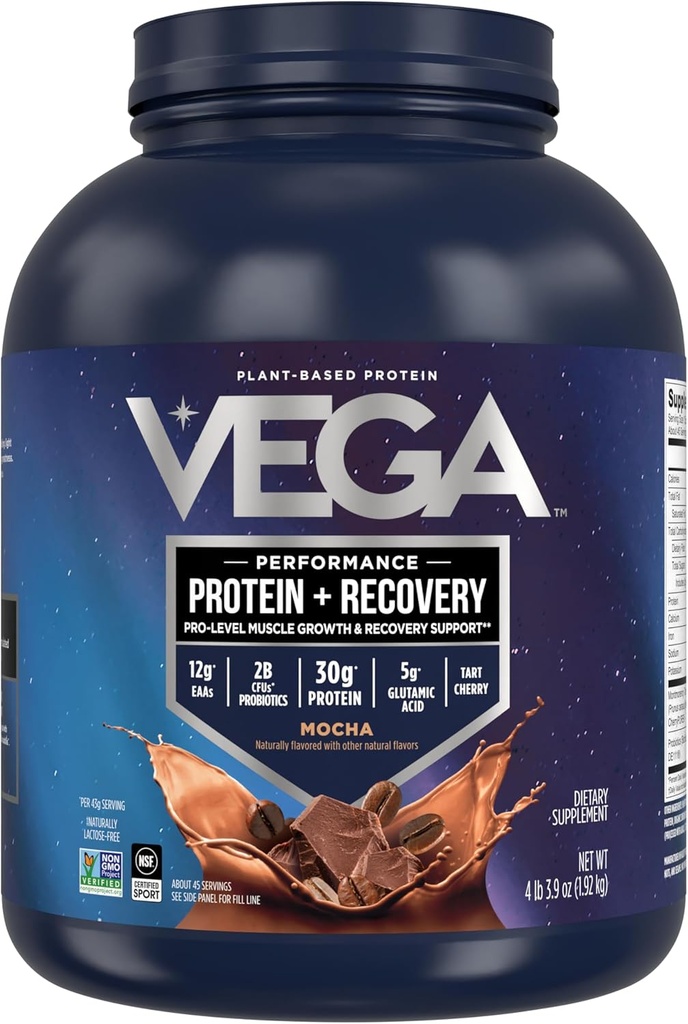Vega Sport Vegan Protein Powder + Recovery - 30g Plant Based Protein per Serving, Mocha, 45 Servings, 5g BCAAs, Probiotics, NSF Certified, for Shakes & Smoothies, 4.2lbs (Packaging May Vary)
