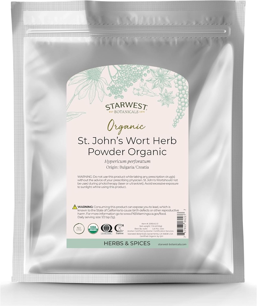 Starwest Βοτανικά Βιολογικά St. John's Wort Powder - Αποξηραμένα βότανα για τσάι, Φτιαγμένα από το λουλούδι Wort του Αγίου Ιωάννη, Υποστηρίζει χαλάρωση, Certified Kosher, μη GMO - Μαζική τσάντα 1 lb