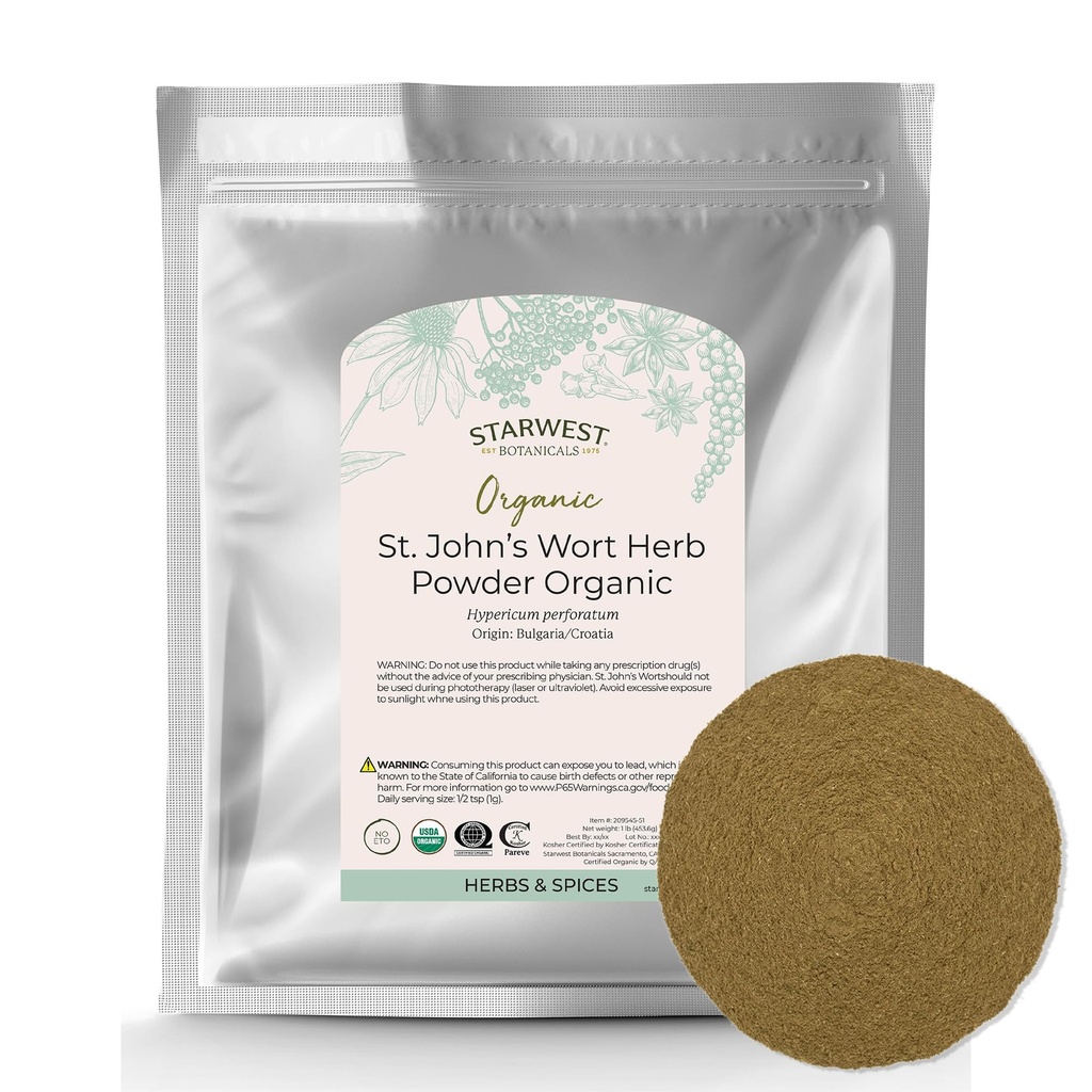 Starwest Βοτανικά Βιολογικά St. John's Wort Powder - Αποξηραμένα βότανα για τσάι, Φτιαγμένα από το λουλούδι Wort του Αγίου Ιωάννη, Υποστηρίζει χαλάρωση, Certified Kosher, μη GMO - Μαζική τσάντα 1 lb