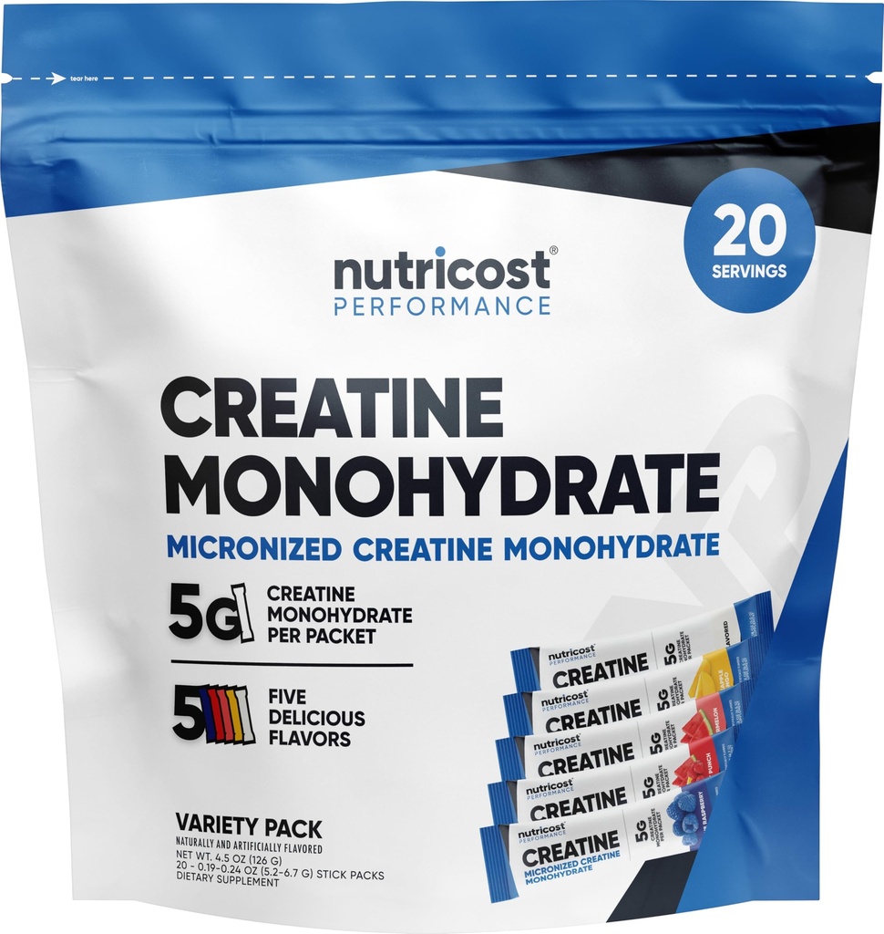 Nutricost Creatine Monohydrate Powder Variety Stickpacks (5 Γεύσεις, 20 Μερίδες) - Μικρονωμένα, 5 γραμμάρια Creatine Monohydrate ανά συσκευασία