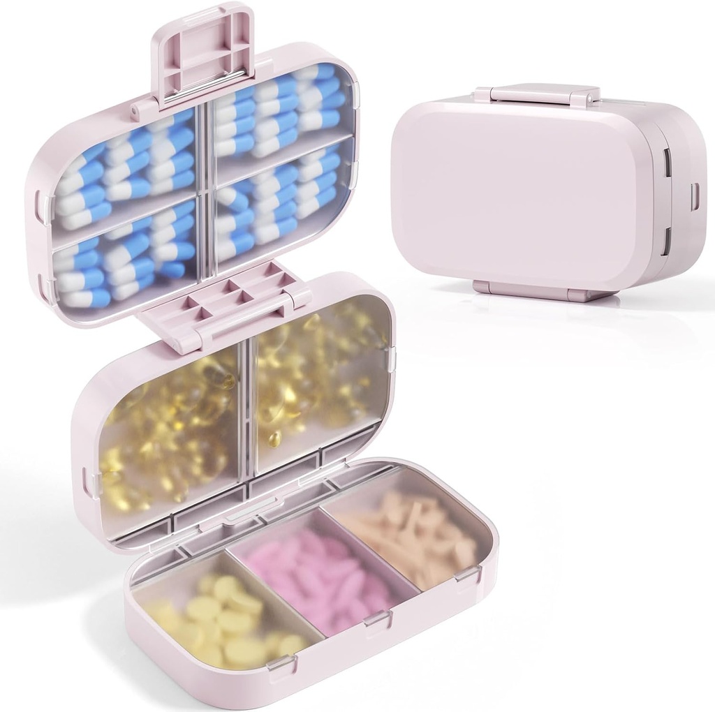 MEACOLIA Τριπλό-Folding Pill Organizer, 9 διαμερίσματα Travel Pill περίπτωση με μεγάλη χωρητικότητα, Daily Pill Box Μικρό δοχείο για βιταμίνη, Cod Liver Oil, Συμπληρωματικά (Beige)