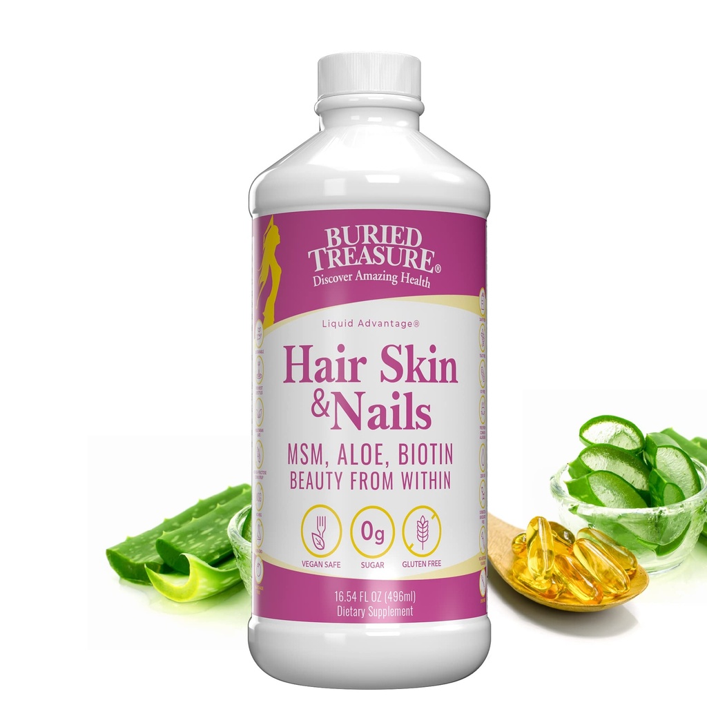 Θαμμένο Treasure Hair, Skin and Nails με MSM Biotin Aloe Vera συν Βιταμίνες και Ορυκτά σε ένα Υγρό Υψηλής Ικανότητας Σύμπλεγμα Τροφίμων για Fuller Μαλλιά, Ισχυρότερα Νύχια και Καθαρότερο Δέρμα 16 oz
