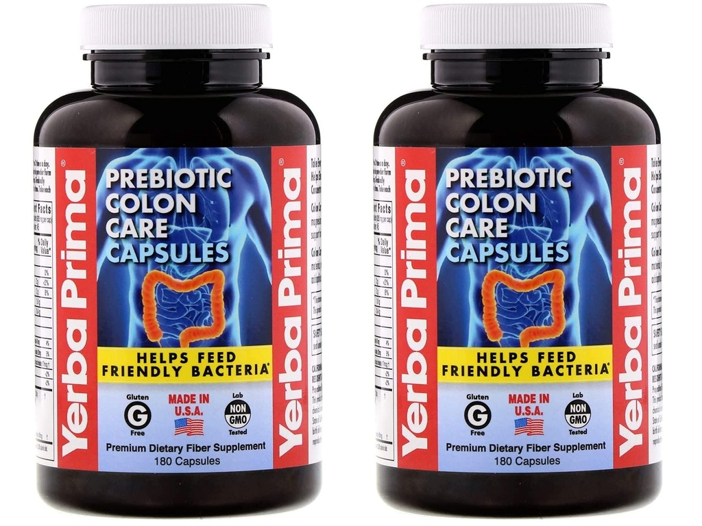 Yerba Prima Prebiotic Colon Care Capses - 180 Count (Pack of 2), Gluten Free, Proudly Made in USA, Non-GMO, Soluble & Αδιάλυτες Ίνες, Υποστηρίζει ένα υγιές λειτουργικό Colon