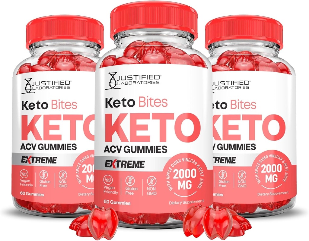 Justified Laboratories (3 Pack Keto Bits Keto ACV Gummies Extreme 2000MG Keto Bites Keto Gummies Apple Cider Vinegar Formed with Pomegranate Beet Buice Powder B12 Vegan Non GMO 180 Gummys