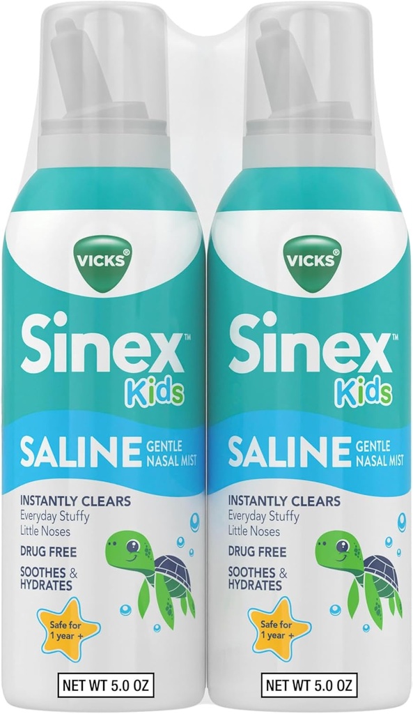 Vicks Sinex, Saline Nasal Spray για παιδιά, Χωρίς φάρμακα Ultra Fine Mist με Hint of Aloe, Ηλικίες 1+, Γρήγορη καθημερινή Stuffy ανακούφιση μύτης για τα παιδιά, Καθαρή  Mucus από ένα κρύο ή Αλλεργία, 5 OZ x 2