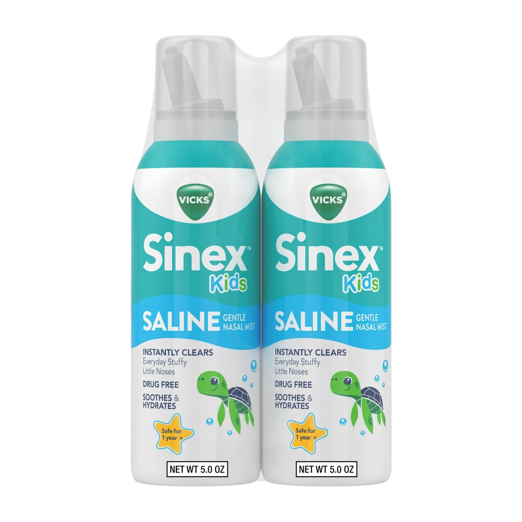 Vicks Sinex, Saline Nasal Spray για παιδιά, Χωρίς φάρμακα Ultra Fine Mist με Hint of Aloe, Ηλικίες 1+, Γρήγορη καθημερινή Stuffy ανακούφιση μύτης για τα παιδιά, Καθαρή  Mucus από ένα κρύο ή Αλλεργία, 5 OZ x 2