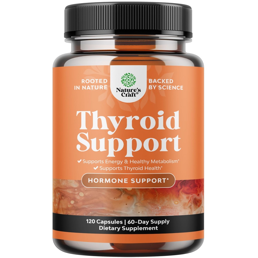 Natures Craft Herbal Thyroid Support Complex - Potent Kelp Iodine Supplement with L Tyrosine, Bladderwrack, Selenium & Ashwagandha for Hormone Balance - Mood & Energy Dietary Pills - 120 Count