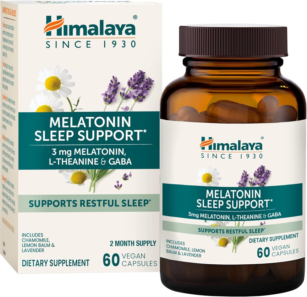Himalaya Melatonin Sleep Support with GABA, L-Theanine and Melatonin 3mg for Sleep Support and Occasional Sleeplessness, 60 Capsules, 2 Month Supply