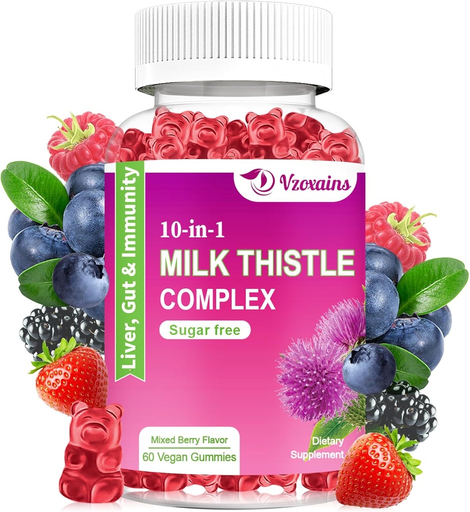 Γάλα Thittle Gummies, 10-σε-1 φυτική φόρμουλα για το συκώτι καθαρισμού Detox & Επισκευή με ρίζα δαντελίων, κουρκουμά, Artichoke - Βέλτιστη λειτουργία του ήπατος και Digestive υγεία - μικτή γεύση μούρου