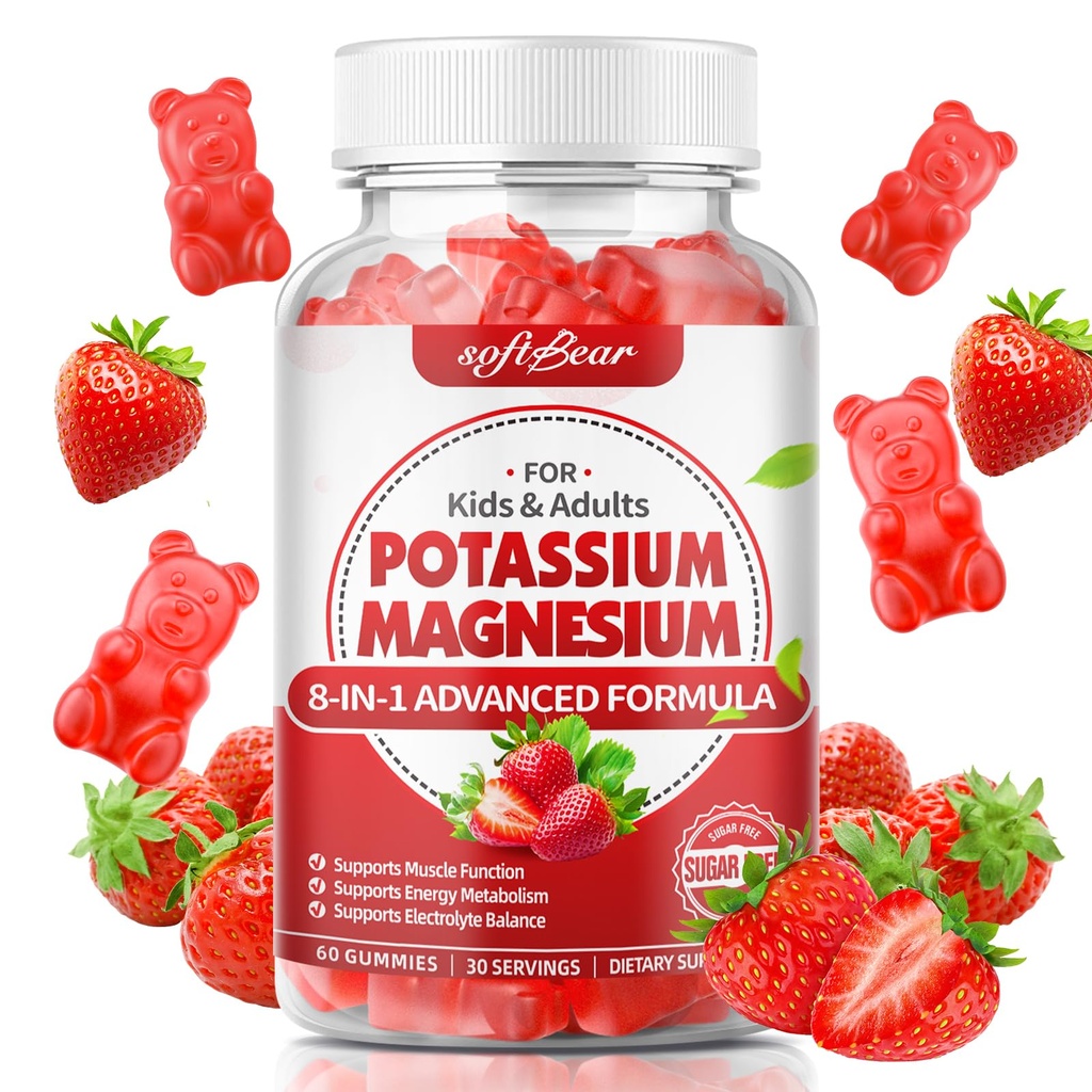 Μαλακοπάροχος Κάλιο Gummies για ενήλικες, Υψηλή Απορρόφηση Μαγνήσιο Κάλιο συμπλήρωμα με βιταμίνη Β6 για τα πόδια Cramps & την υγεία των μυών Ζάχαρη-ελεύθερο Vegan Φράουλα 60 Gummies