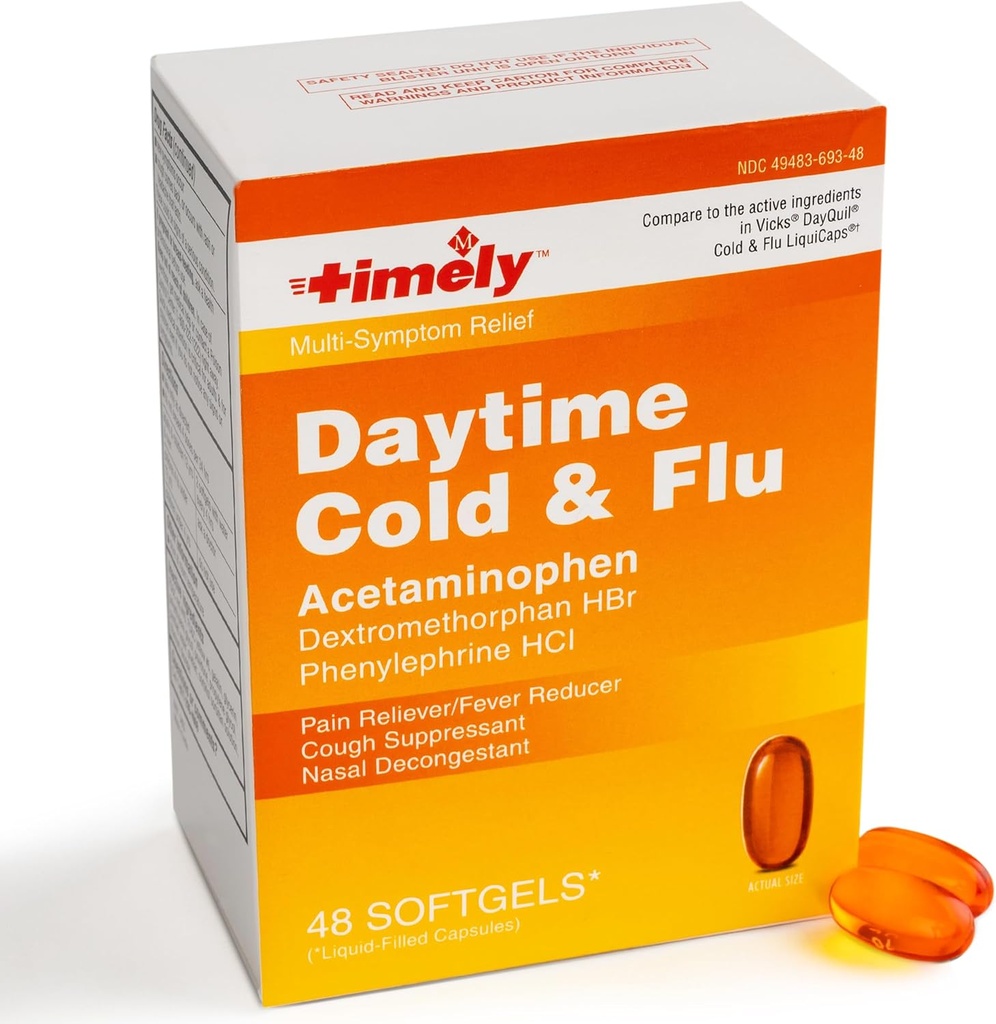 Εργαστήρια Time-Cap, INC. Timely Daytime Ψυχρή και Γρίπη Ιατρική 48 Softgels - Βήχας Καταπιεστικό, Ρινική Αποσυμφορητικό, Πόνος Reliever