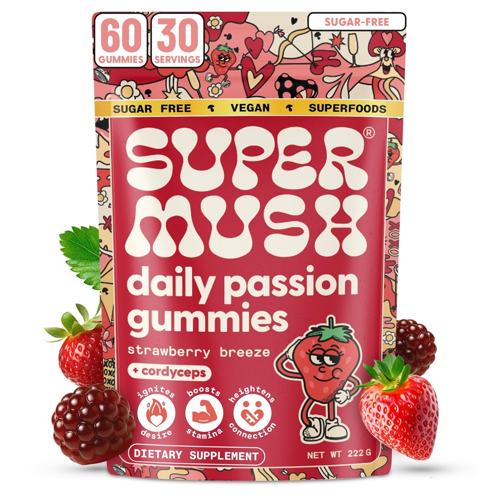 SuperMush Horny Goat Weed Gummies - Horny Goatweed for Men & Women with Cordyceps, Reishi & Maca Root - Μεγιστοποίηση της ροής του αίματος, Ignite Feel-Good Vibes & Lasting Energy