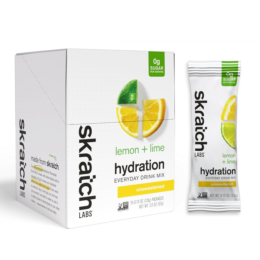 Skratch Labs Unsweetened Electrolyte Powder Packets - Everyday Hydration - Sport Drink Mix - Sugar Free - Electrolytes Booster- Lemon + Lime - 15 Servings - Keto, Paleo, Vegan, Non-GMO