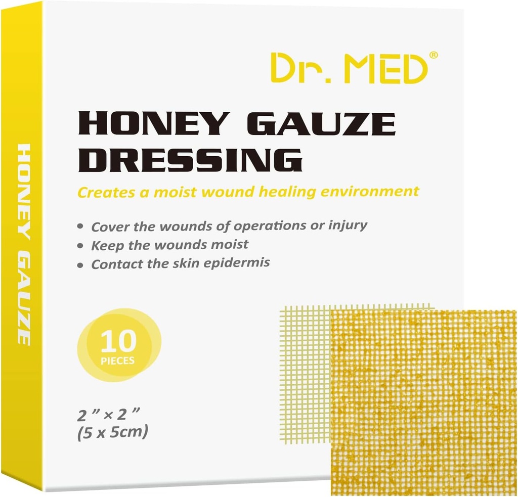 Dr. Med Honey Gauze Dressing, 2" x 2" (10 PCS/Box) Honey Medical Bandage Wound Care Patch for Minor Abrasions, Cuts, Lacerations, Scald and Burns for Wound Healing, Chemical and Drug Free