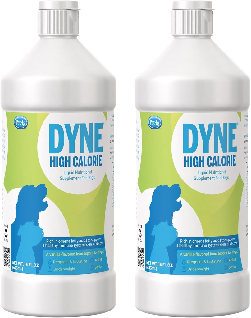 PetAg Dyne High Calorie Liquid Nutritional Supplement for Dogs & Puppies 8 Εβδομάδες και Ηλικιωμένοι - 16 oz, πακέτο των 2 - Υποστηρίζει την απόδοση και την αντοχή - γλυκιά βανίλια γεύση
