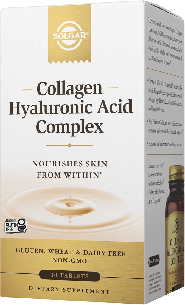 Solgar Collagen Hyaluronic Acid Complex, 30 Tablets - Hydrolyzed Collagen Type 2 - Βοηθά με Fine Lines & Wrinkles - Ενισχύει το Δερμάτινο Κολλαγόνο & Ελαστικότητα - Μη ΓΤΟ, Γλουτένη & Γαλακτοκομικά Χωρίς - 30 Σερβιέτες