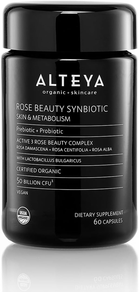Alteya Organics Beauty Prebiotics + Probiotics and Rose Extracts, Skin Beauty from Within Supplement, 50 Billion CFU & Lactobacillus Bulgaricus for Face and Metabolism - 60 Capsules