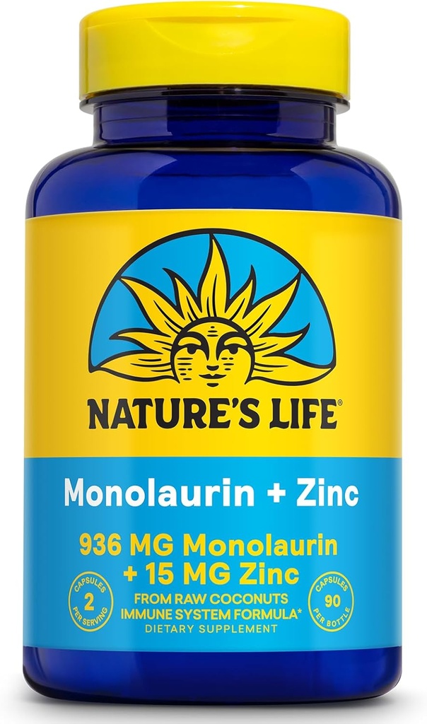 Nature's Life Monolaurin Plus Zinc Immune Support Supplement - 936mg Μονολαουρίνη από Ακατέργαστες Καρύδες, Ψευδάργυρος 15mg, Υποστηρίζει την Υγεία των Ούλων, Ισορροπημένη Χλωρίδα των Ούλων, 60-Ημερη Εγγύηση, 45 Serv, 90 Κάψουλες Χορτοφαγίας