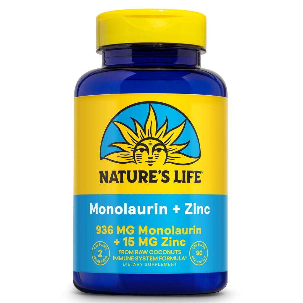 Nature's Life Monolaurin Plus Zinc Immune Support Supplement - 936mg Μονολαουρίνη από Ακατέργαστες Καρύδες, Ψευδάργυρος 15mg, Υποστηρίζει την Υγεία των Ούλων, Ισορροπημένη Χλωρίδα των Ούλων, 60-Ημερη Εγγύηση, 45 Serv, 90 Κάψουλες Χορτοφαγίας