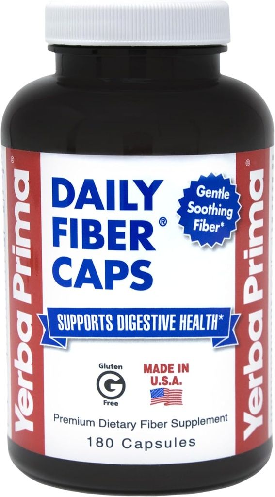 Yerba Prima Daily Fiber Caps - 180 κάψουλες - Διαλυτό & αδιάλυτο συμπλήρωμα διαιτητικών ινών - Cleanse του παχέος εντέρου - Gut Health - Vegan, μη-GMO, Χωρίς γλουτένη