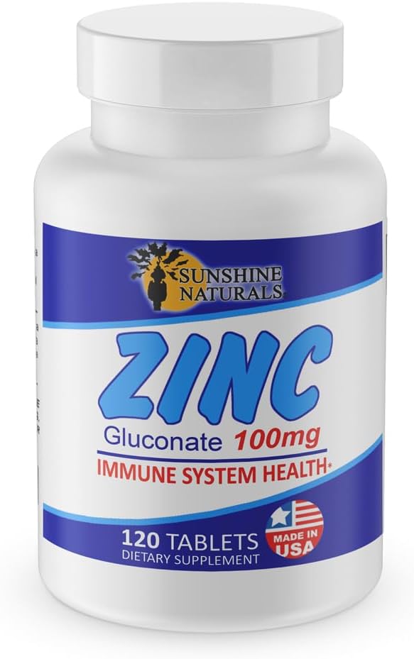 Sunshine Naturals Zinc Gluconate Mineral Supplement – Υποστηρίζει το ανοσοποιητικό σύστημα, προάγει την επούλωση, βελτιώνει την υγεία του δέρματος, παρέχει αντιοξειδωτική άμυνα – 100mg, 120 δισκία, υψηλή ισχύς