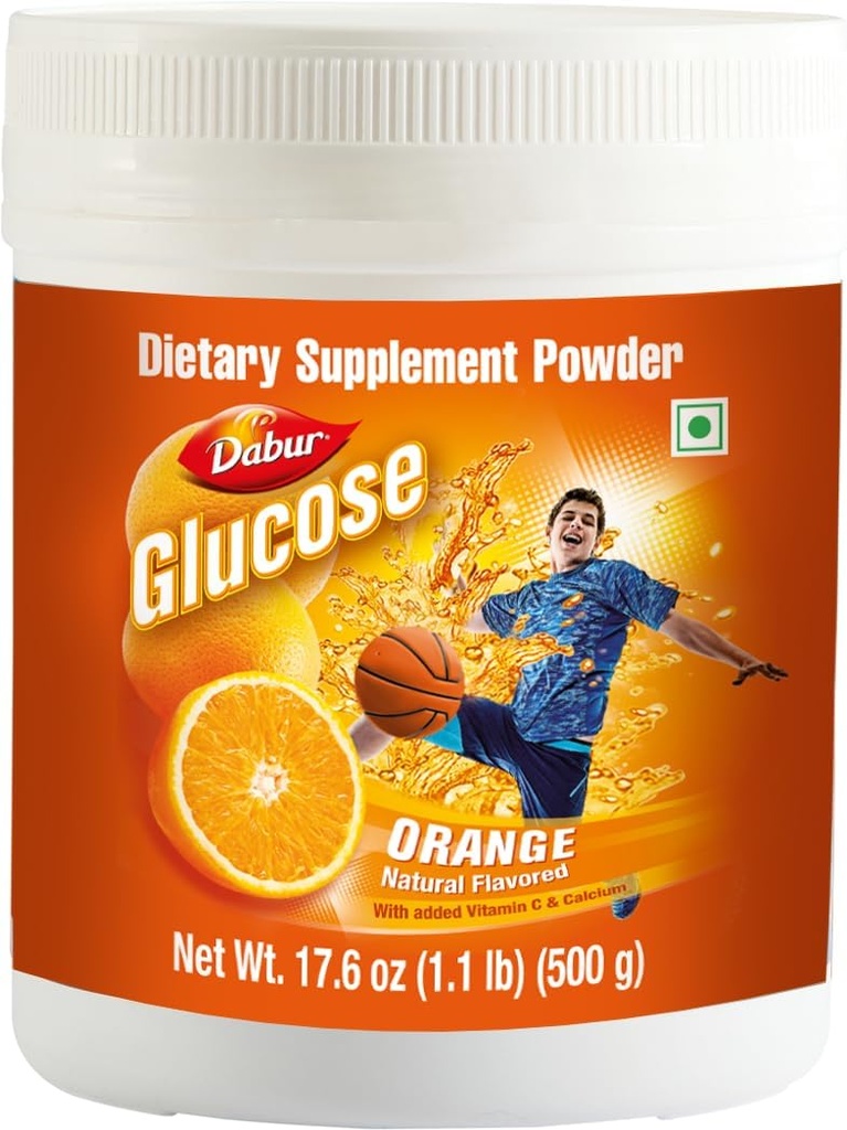 Dabur Γλυκόζη - Γλυκόζη Σκόνη - Ενισχυμένη με βιταμίνη D και ασβέστιο - Ένα νόστιμο πορτοκάλι - 500 γραμμάρια