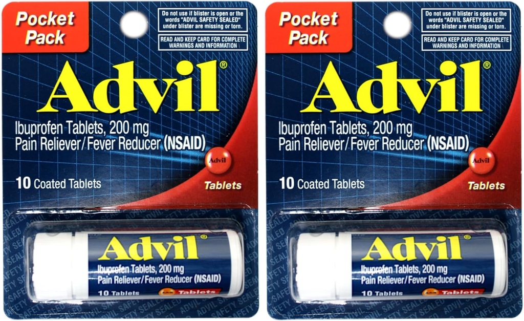 2 Συσκευασία Pocket Advil Pain Reliever / Πυρετός Reducer Ibuprofen 200mg - 10 Επικαλυμμένα δισκία ανά συσκευασία (20 δισκία Σύνολο)