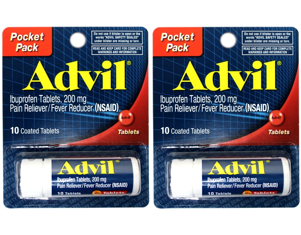 2 Συσκευασία Pocket Advil Pain Reliever / Πυρετός Reducer Ibuprofen 200mg - 10 Επικαλυμμένα δισκία ανά συσκευασία (20 δισκία Σύνολο)