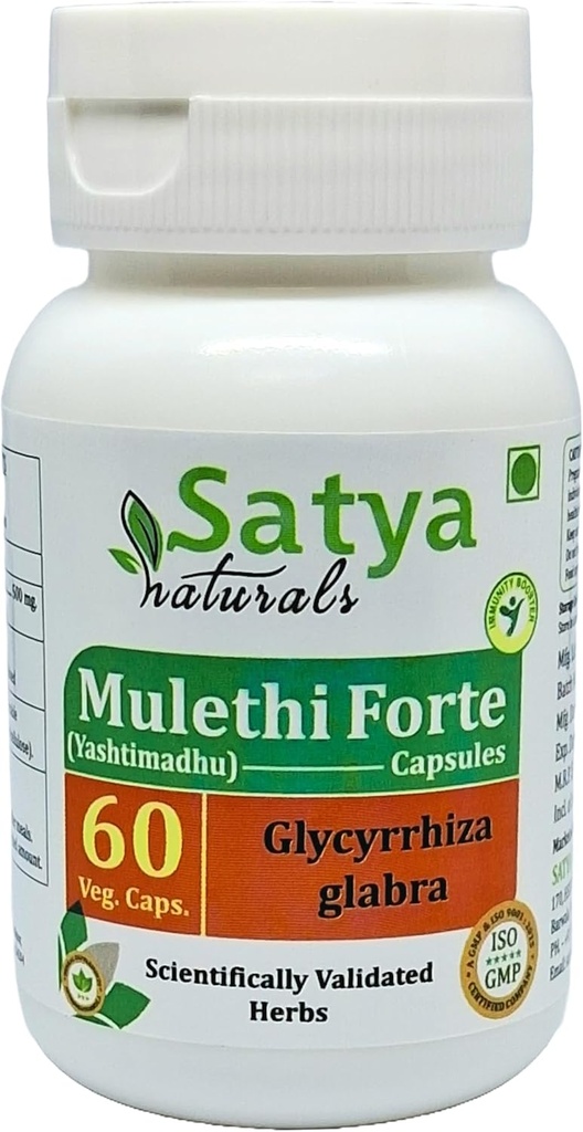 Mulethi Forte Capsules 500 mg. 60 Veg. Capsule | Yasthimadhu (Glycyrrhiza Glabra) Extract Capsules for Men and women | Ayurvedic Herbal Supplement/Remedies | 10:1 Forte (1 Bottle of 60 Capsules)