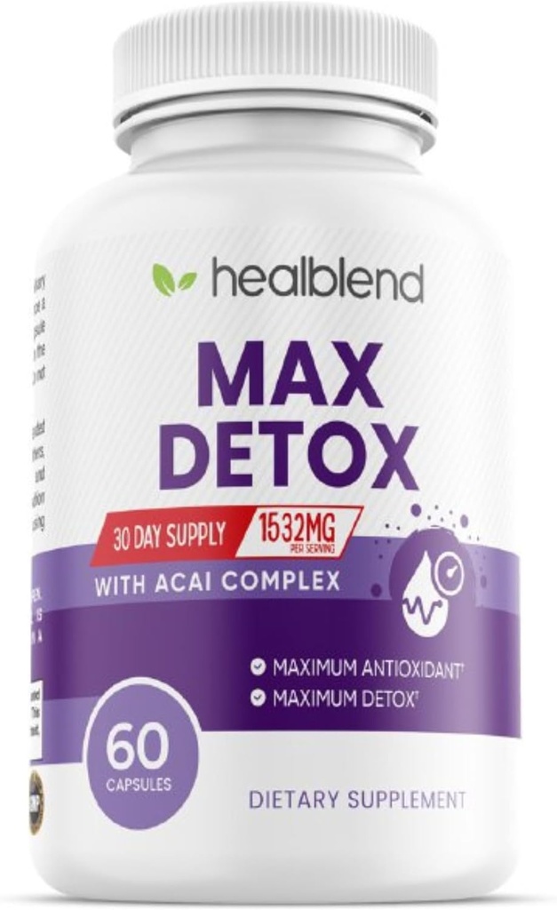 Max Detox Supplement, Advanced Gut Cleanse Detox for Women & Men with Psyllium, Chlorella, Hyssop Herb & Papaya, with Acai Complex - Colon Cleanse - 60 Capsules (1)