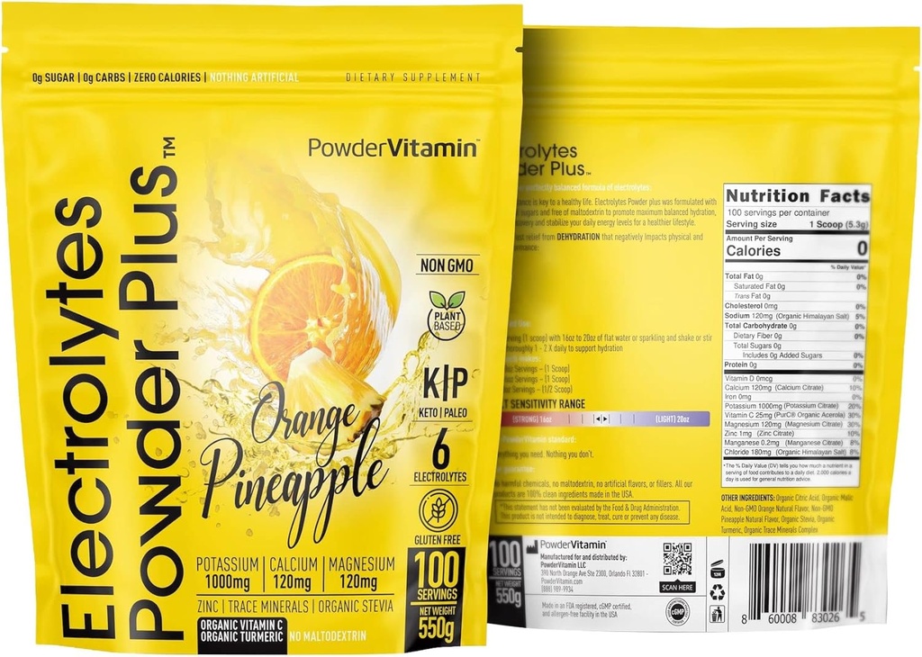 PowderVitamin Electrolytes Powder Plus (100 μερίδες) Orange Pineapple Electrolyte Powder Zero Calorie, Keto, 0 Sugar, No Maltodextrin,1000mg Κάλιο, 120mg Ασβέστιο, 120mg Μαγνήσιο, Ενυδατική σκόνη