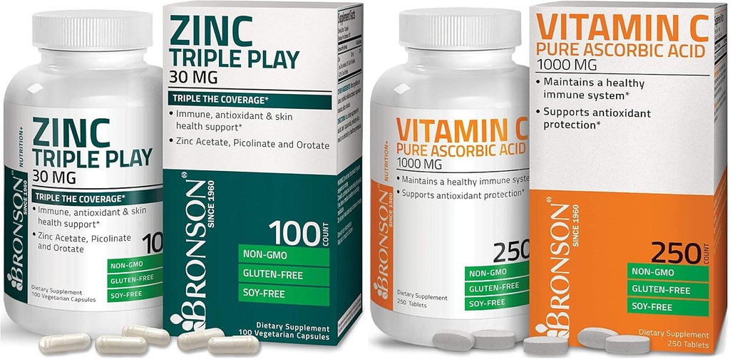 Bronson Βιταμίνη C 1000 mg Premium Μη ΓΤΟ Ασκορβικό οξύ + Bronson Ψευδάργυρος Τριπλό Παιχνίδι 30 mg Τριπλή Κάλυψη Ανοσοποιητική Υποστήριξη Συμπλήρωμα ψευδαργύρου