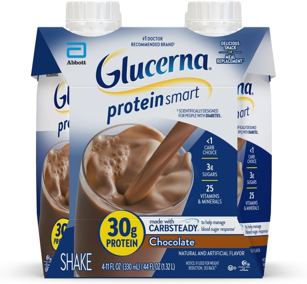 Glucerna Protein Smart Diabetes Care Shake, Chocolate, Diabetic Meal Replacement to Support Blood Sugar Management, 30g Protein, 150 θερμίδες, Έτοιμος να πιει, 11-fl-oz μπουκάλι, 4 Pack
