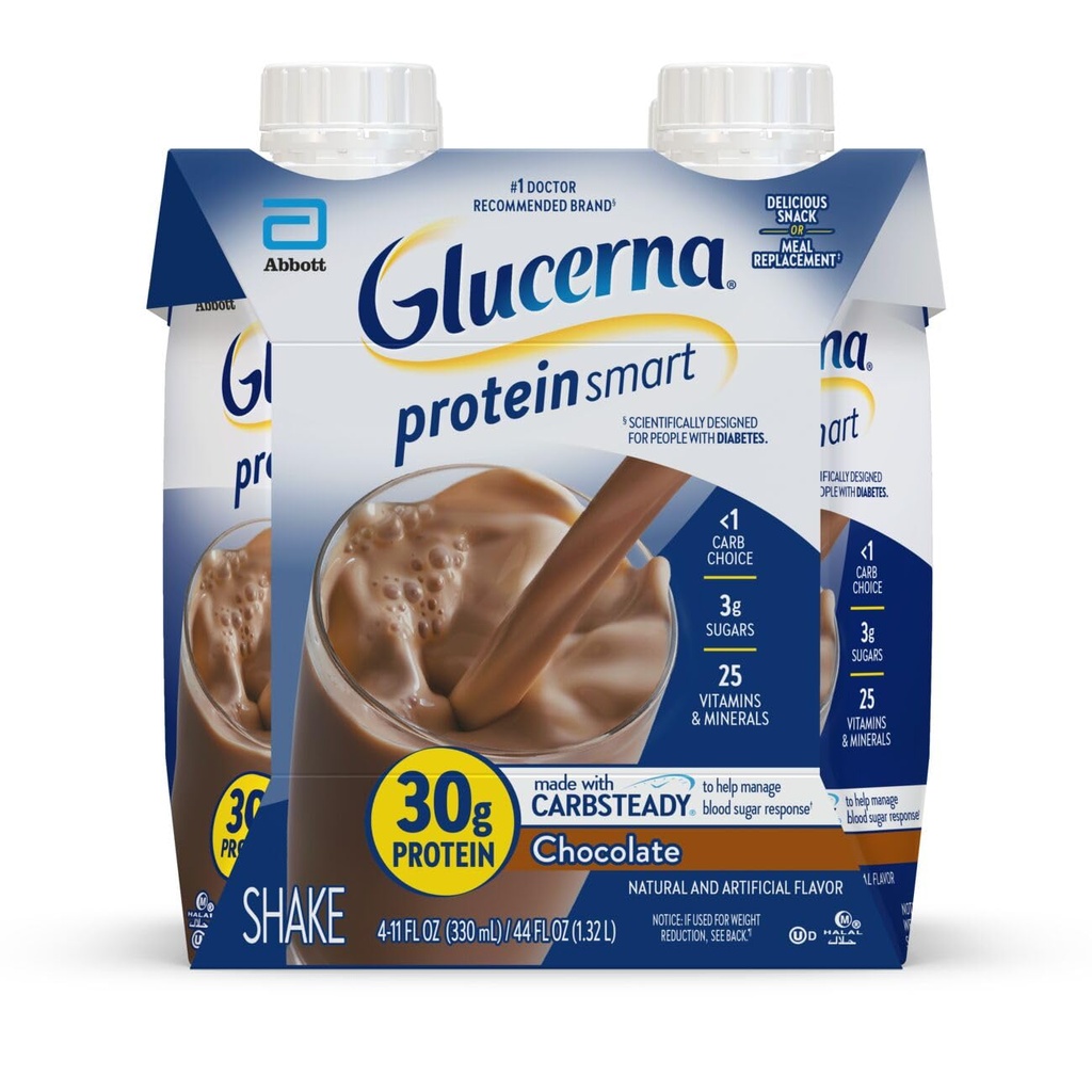 Glucerna Protein Smart Diabetes Care Shake, Chocolate, Diabetic Meal Replacement to Support Blood Sugar Management, 30g Protein, 150 Calories, Ready to Drink, 11-fl-oz Bottle, 4 Pack