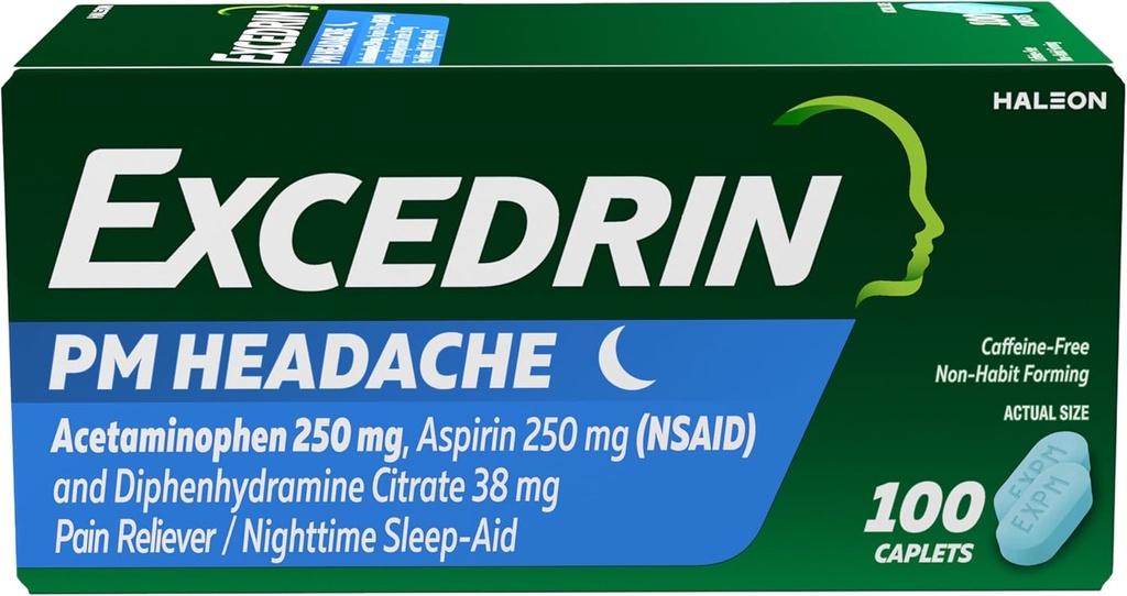 Excedrin PM για την ανακούφιση από τον πονοκέφαλο, Acetaminophen 250mg, Aspirin 250mg, Diphenhydramine Citrate 38mg, Pain Reliever, Nighttime Sleep-Aid, 100 Count