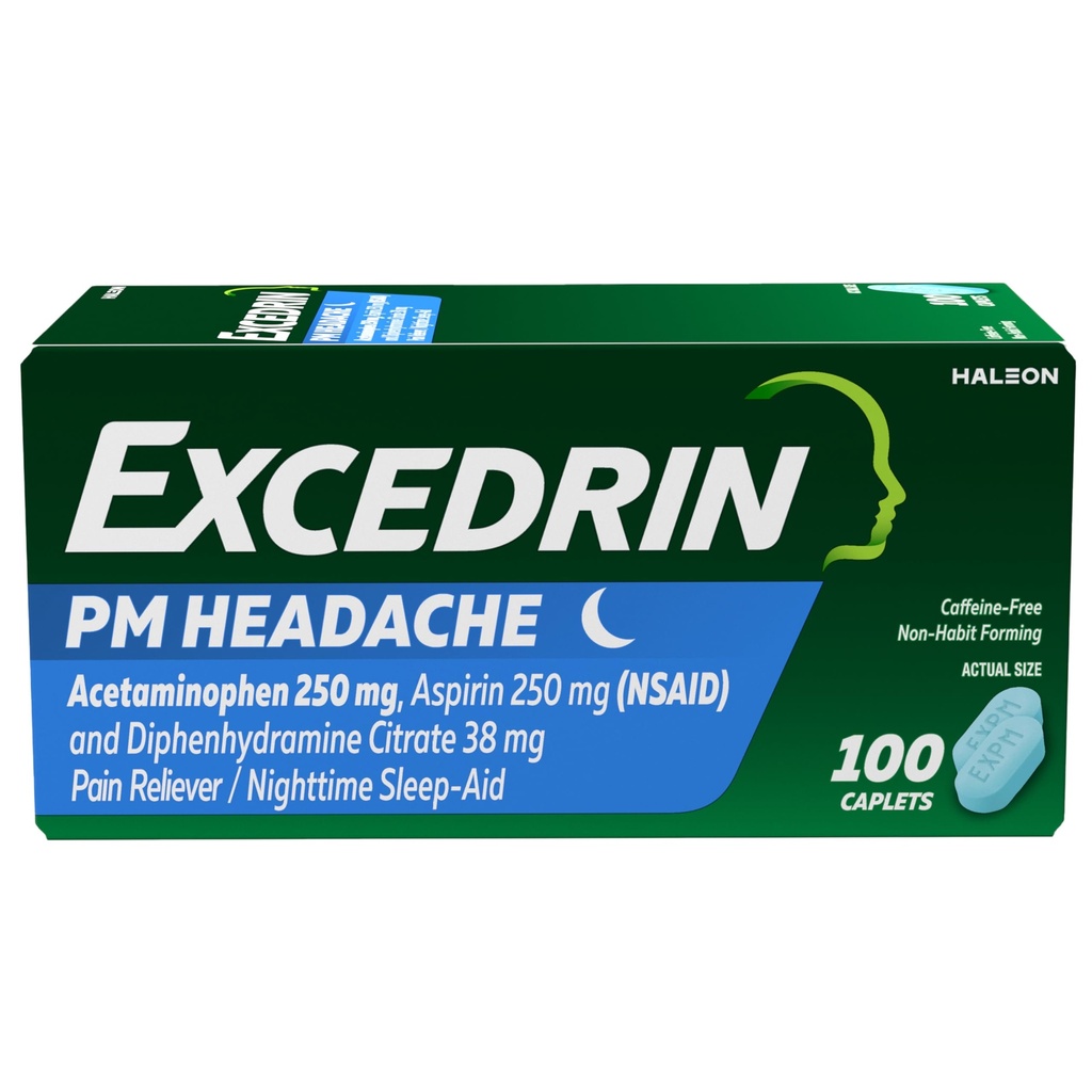 Excedrin PM για την ανακούφιση από τον πονοκέφαλο, Acetaminophen 250mg, Aspirin 250mg, Diphenhydramine Citrate 38mg, Pain Reliever, Nighttime Sleep-Aid, 100 Count