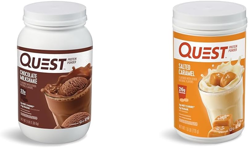 Quest Nutrition σοκολάτα Milkshake πρωτεΐνη σκόνη, 22g πρωτεΐνη, 1g ζάχαρη, χαμηλή υδατανθράκων, χωρίς γλουτένη, 3 Λίρες, 43 σερβίρεται & αλατισμένα Caramel πρωτεΐνη σκόνη; 26g πρωτεΐνη; 1g ζάχαρη; χαμηλή υδατάνθρακες; χωρίς γλουτένη