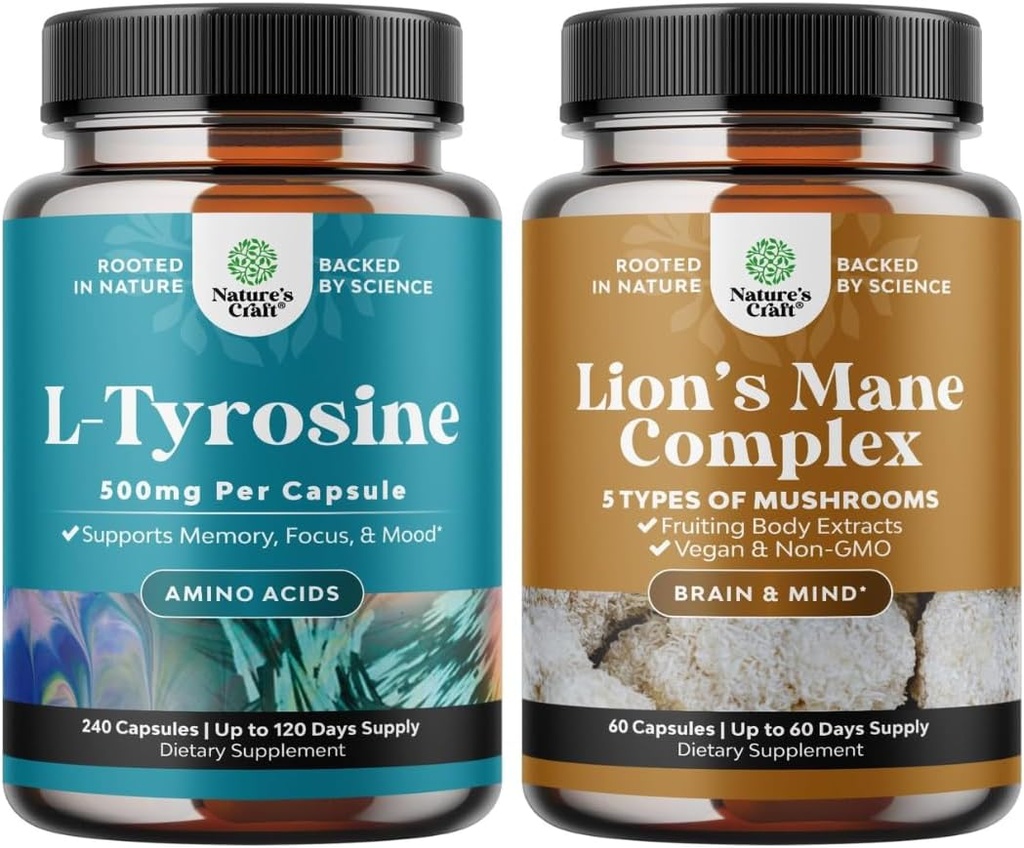 Bundle of Free Form L Tyrosine 1000mg Per Serving - High Strength L-Tyrosine Supplement for Energy and Focus Support and Advanced Lion's Mane Mushroom