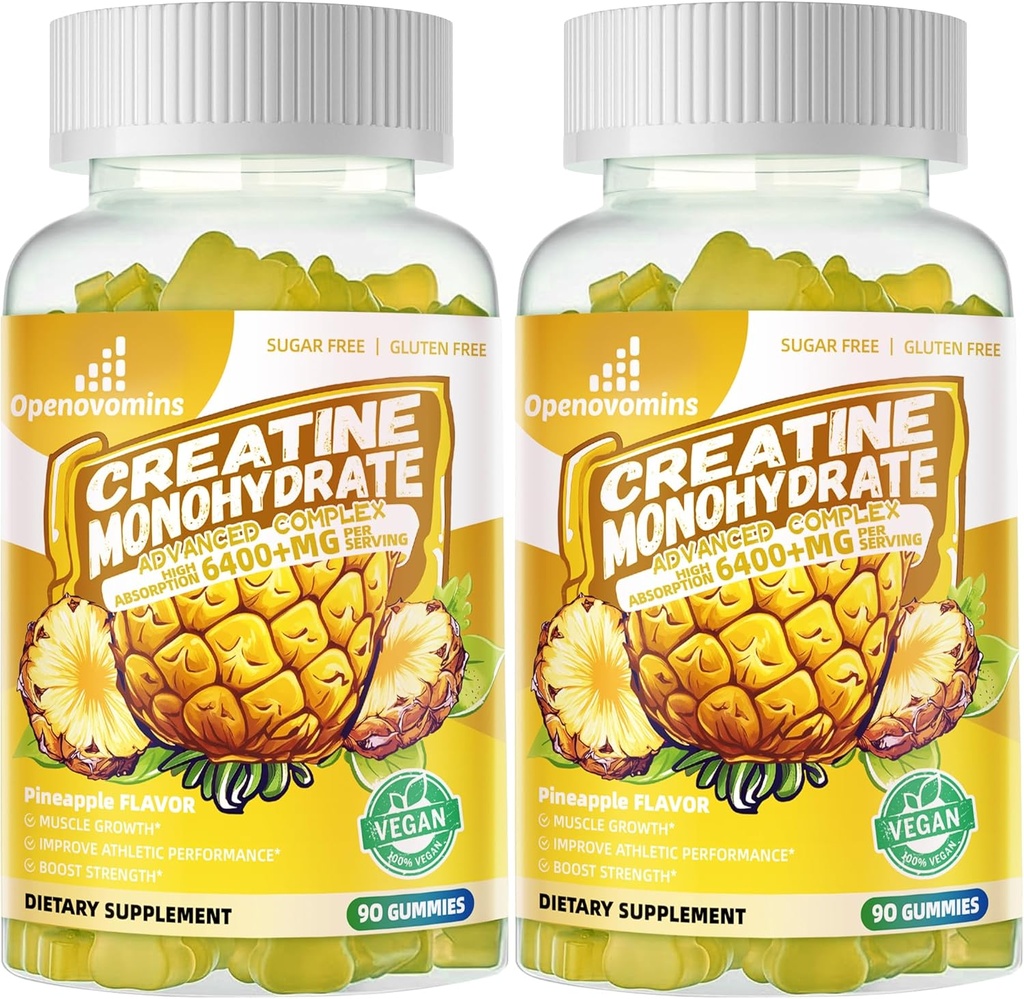 Συγκρότημα μονοένυδρων Gummies Creatine για άνδρες και γυναίκες -Προηγμένη Φόρμουλα W/L-Taurine + Βιταμίνη B12, Συμπλήρωμα χωρίς ζάχαρη,180 Gummies ανανά 2pack