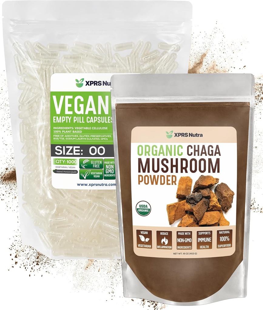 XPRS Nutra οργανική σκόνη Τσάγκα 16 ουγγιά με μέγεθος 00 προ-διαχωρισμένες κενές κάψουλες (1000 κόμης) Bundle