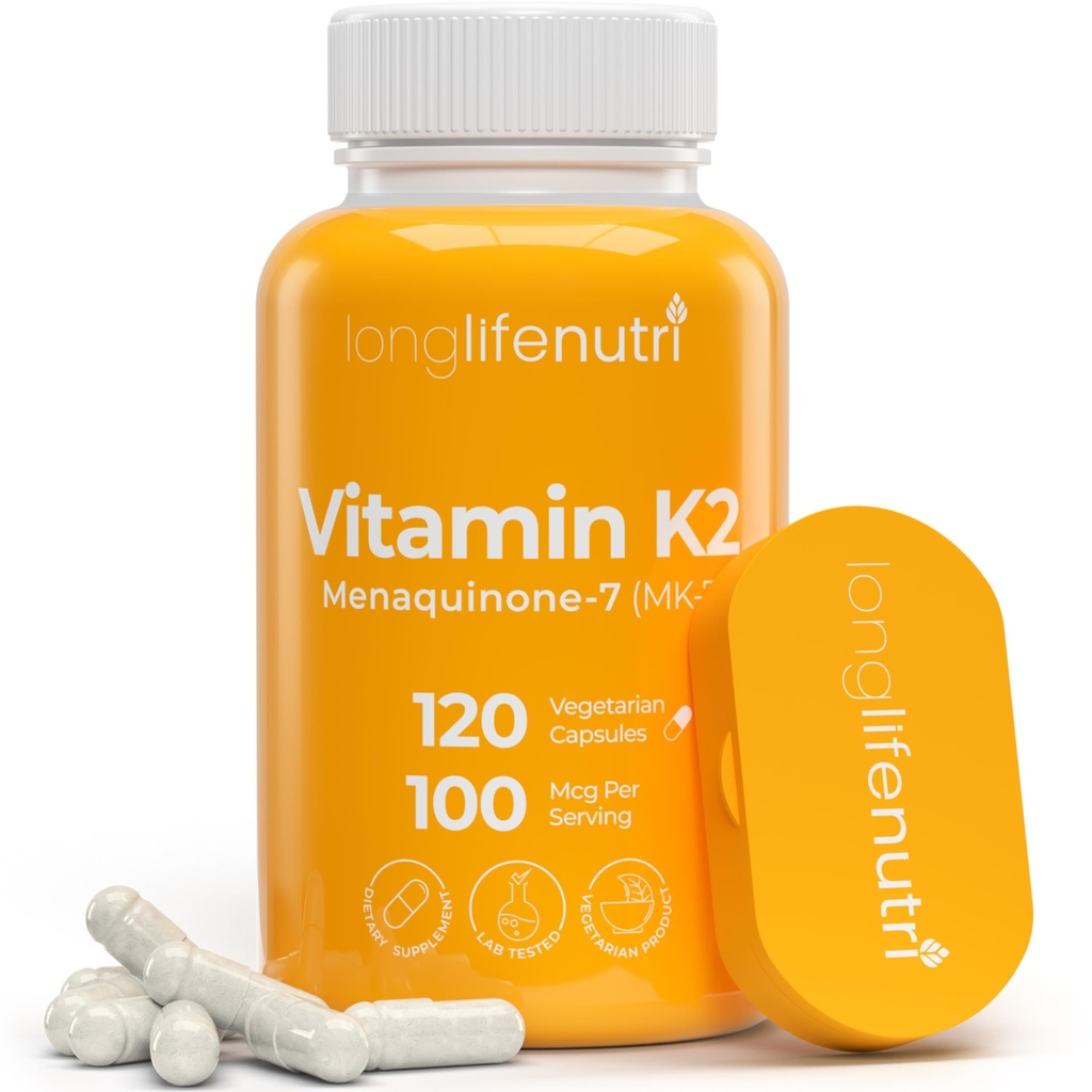 LongLifeNutri Βιταμίνη K2 MK-7 100mcg – Υποστήριξη θρεπτικών συστατικών για τα οστά και την κυκλοφορία, 120 κάψουλες χορτοφάγων, 4-μηνη προσφορά, εργαστήριο δοκιμαστεί, Κατασκευάζεται στις ΗΠΑ, μη ΓΤΟ