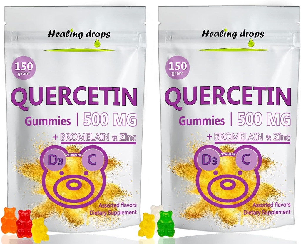 Quercetin με Bromelain Gummies - Βιταμίνη C + ψευδάργυρος + Βιταμίνη D3 - Quercetin 500mg Gummies για Παιδιά και Ενήλικες (2 συσκευασίες)