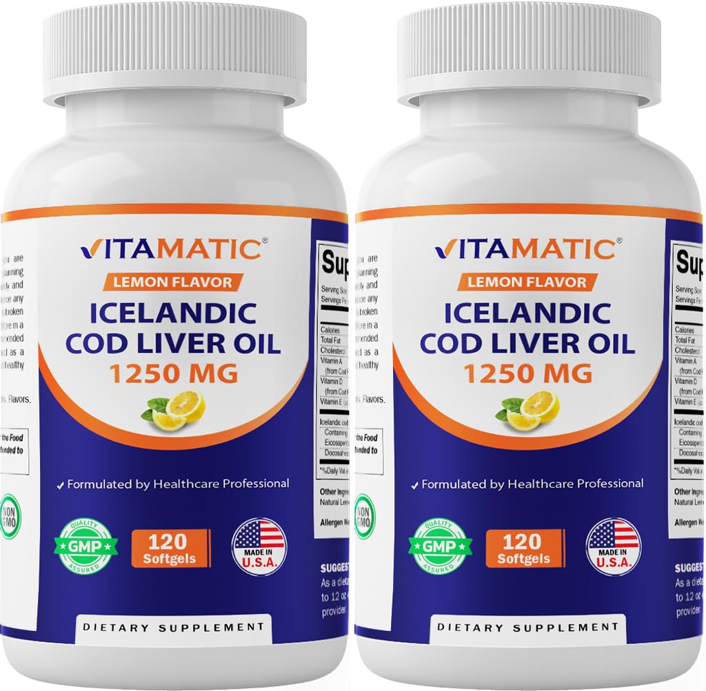 Vitamatic 2 Pack Icelandic Cod Liver Oil Capsules 1250mg 120 Softgels (Lemon Flavor) - Promotes Cardiovascular Health