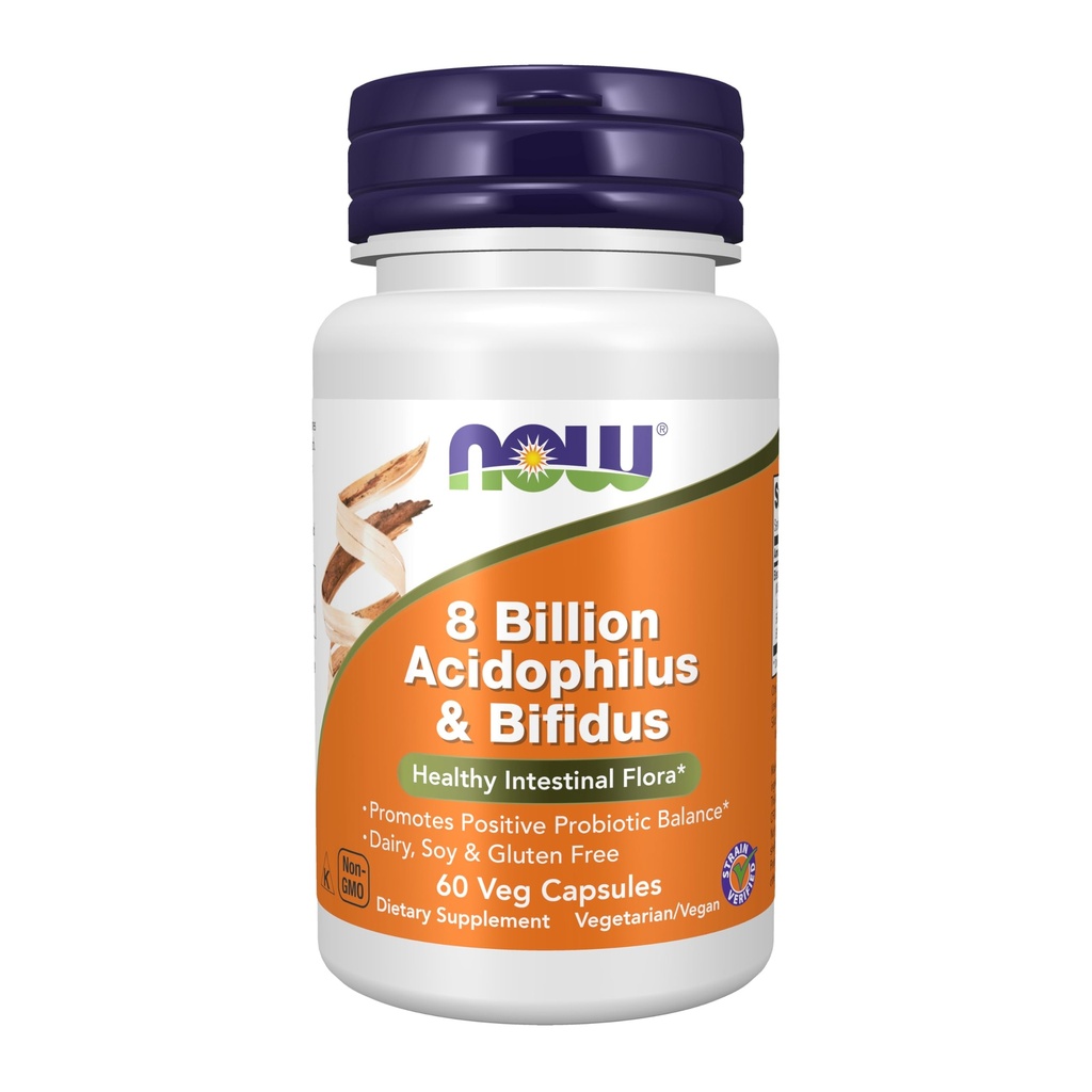 NOW Συμπληρώματα τροφίμων, 8 δισ. Acidophilus & Bifidus, γαλακτοκομικά, σόγια και γλουτένη, Striin Επαληθευμένο, 60 κάψουλες Veg