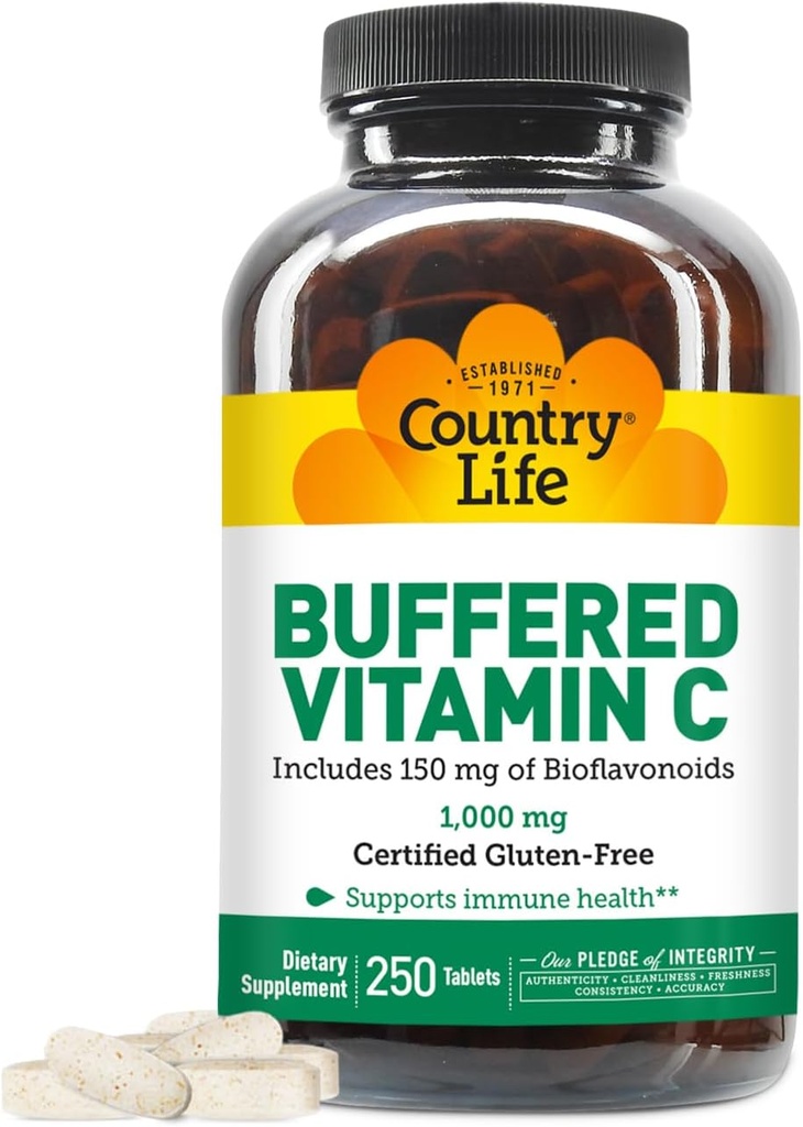 Country Life Buffered Vitamin C 1000mg με Bioflavonoids, Ασβέστιο, Μαγνήσιο, Κάλιο - Ανοσολογική Υποστήριξη, Κάψουλες Vegan, Χωρίς Γλουτένη, Απαλό στο στομάχι - 250 Δισκία