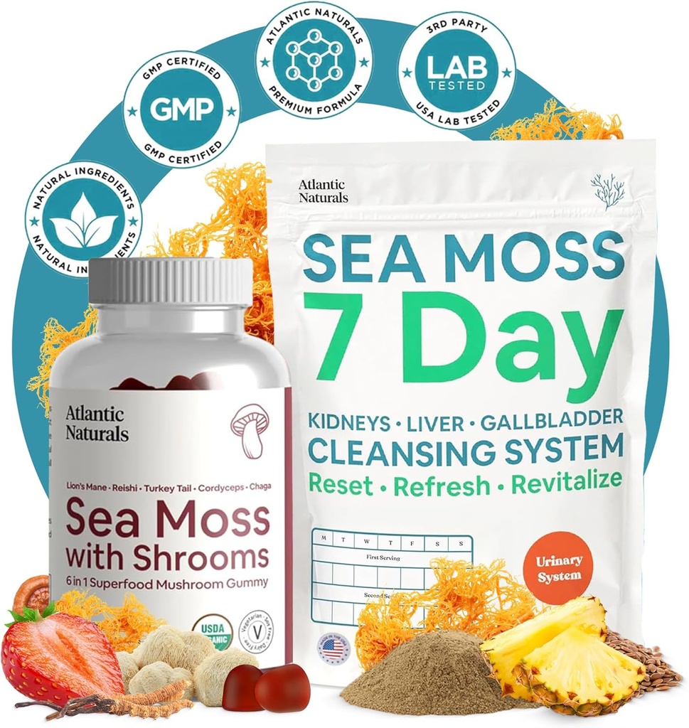 Atlantic Naturals Sea Moss Superfood Bundle - Sea Moss με Shrooms Gummies & 7-Day Kidney, Liver & Gallbladder Cleanse - Defense, Focus & Detox Support - Lion's Mane, Reishi, Dandelion Root & More