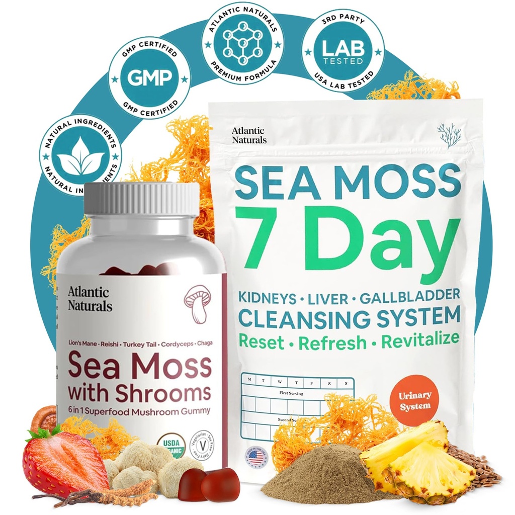 Atlantic Naturals Sea Moss Superfood Bundle - Sea Moss with Shrooms Gummies & 7-Day Kidney, Liver & Gallbladder Cleanse - Defense, Focus & Detox Support - Lion's Mane, Reishi, Dandelion Root & More