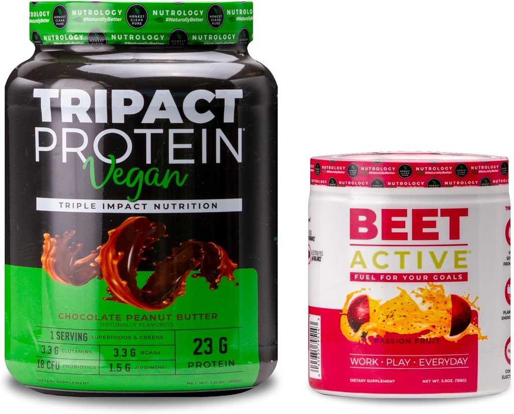Nutrology TRIPACT Vegan Protein Powder, για Vegan Protein Shakes, Σοκολάτα Φυστικοβούτυρο (20 μερίδες) & Beet Active, Passion Fruit Flavor (30 μερίδες)
