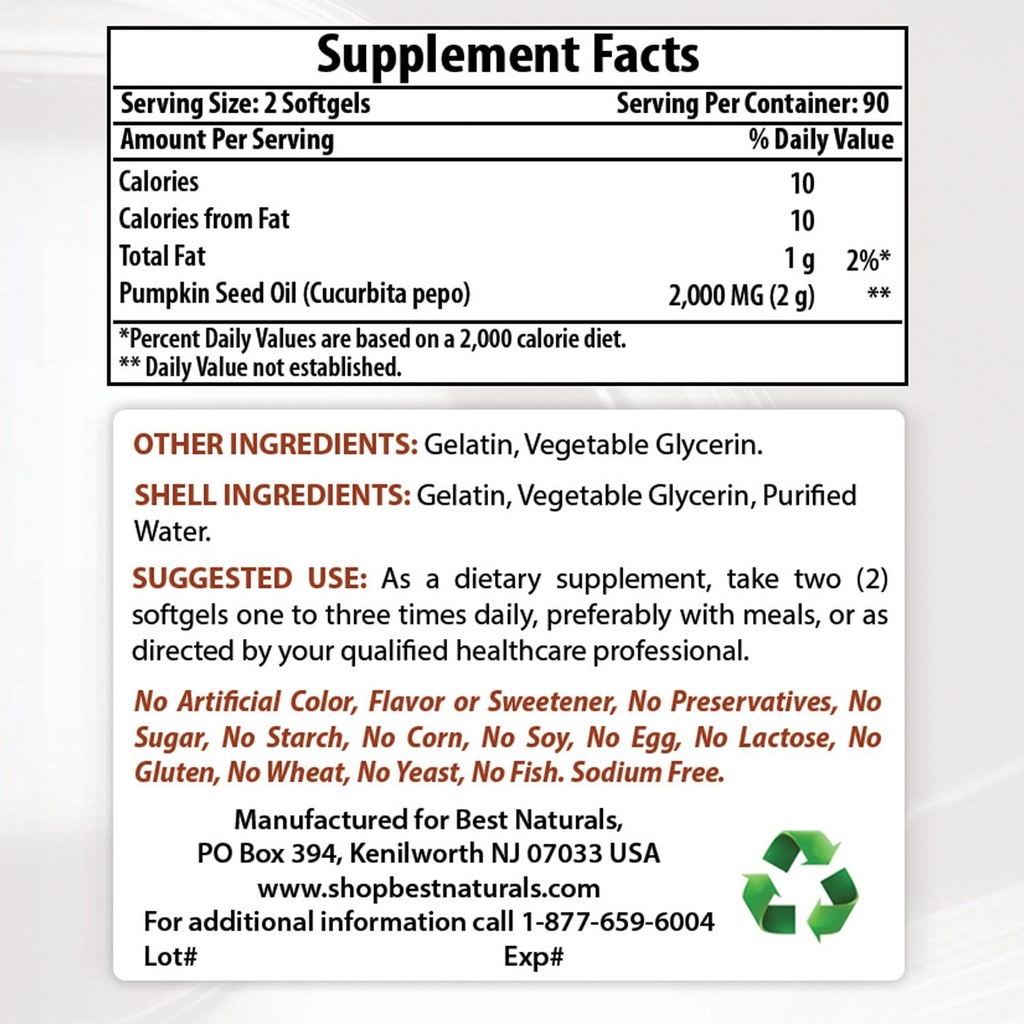 Best Naturals Pumpkin Seed Oil 1000 mg & Vitamin B1 as Thiamine Mononitrate 100 mg